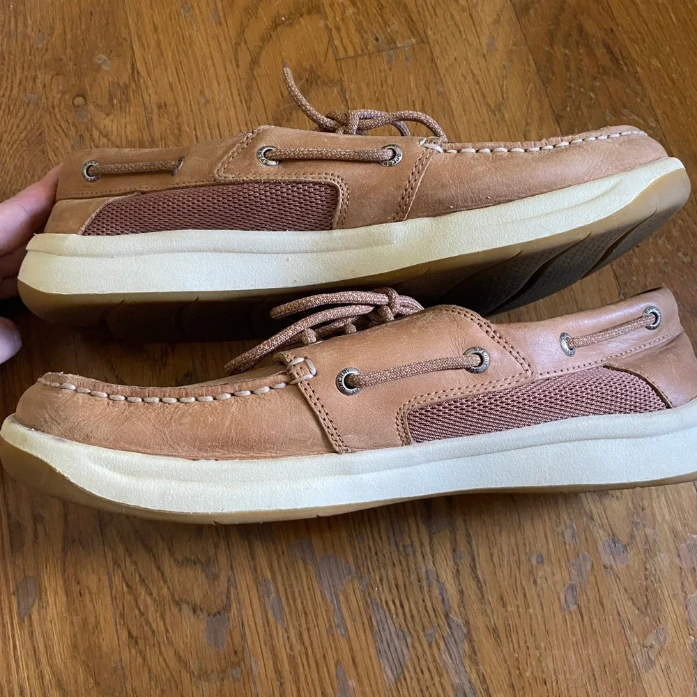 Sperry Boat Shoes Men 10.5 Tan Leather Mesh Memory Foam Classic Loafers STS17627